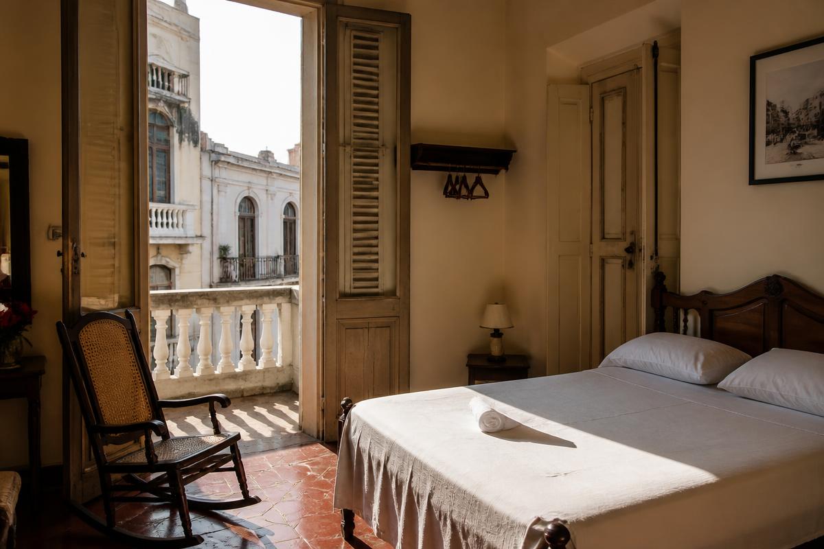 Guest room in a private colonial casa in Cuba with shuttered balcony doors, terracotta tiles and a rocking chair