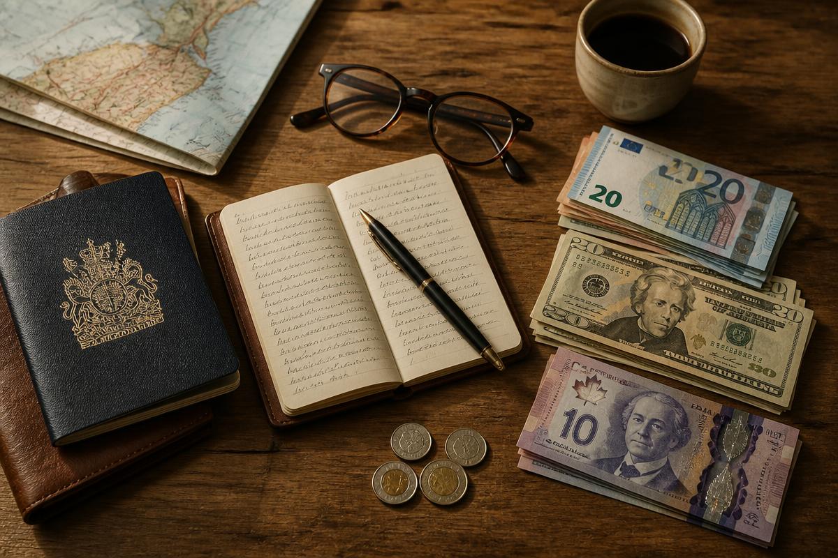 Passport, notebook and foreign currency on a table